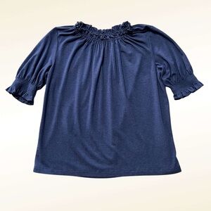 Mini Boden Girls Navy Blouse Size 9/10 Puff Sleeve Flowy Viscose Capsule Dressy
